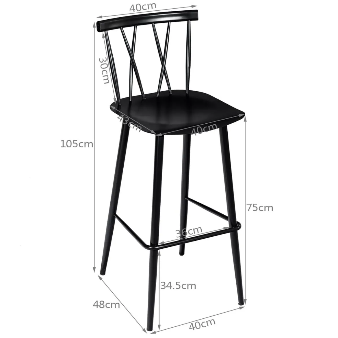 Barstuhl Moderner Metallstuhl mit Rückenlehne 47,5 x 41 x 105 cm Schwarz