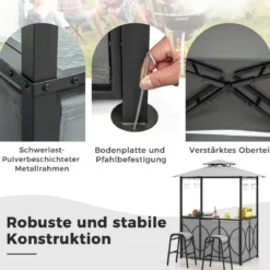 Bartisch mit 2 Barhocker Gartenbar Set mit Metallregalen & Glashalter Grillpavillon mit Doppeldach