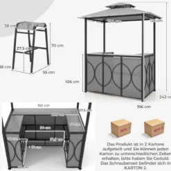 Bartisch mit 2 Barhocker Gartenbar Set mit Metallregalen & Glashalter Grillpavillon mit Doppeldach