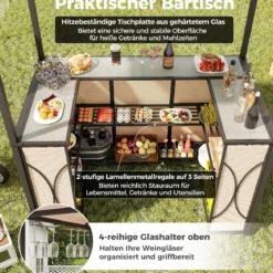 Bartisch mit 2 Barhocker Gartenbar Set mit Metallregalen & Glashalter Grillpavillon mit Doppeldach