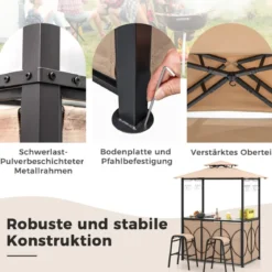 Bartisch mit 2 Barhocker Gartenbar Set mit Metallregalen & Glashalter Grillpavillon mit Doppeldach