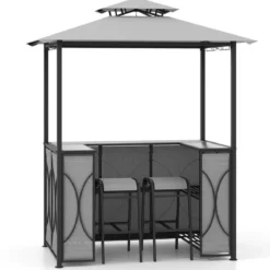 Bartisch mit 2 Barhocker Gartenbar Set mit Metallregalen & Glashalter Grillpavillon mit Doppeldach