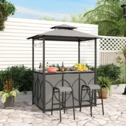 Bartisch mit 2 Barhocker Gartenbar Set mit Metallregalen & Glashalter Grillpavillon mit Doppeldach