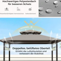 Bartisch mit 2 Barhocker Gartenbar Set mit Metallregalen & Glashalter Grillpavillon mit Doppeldach