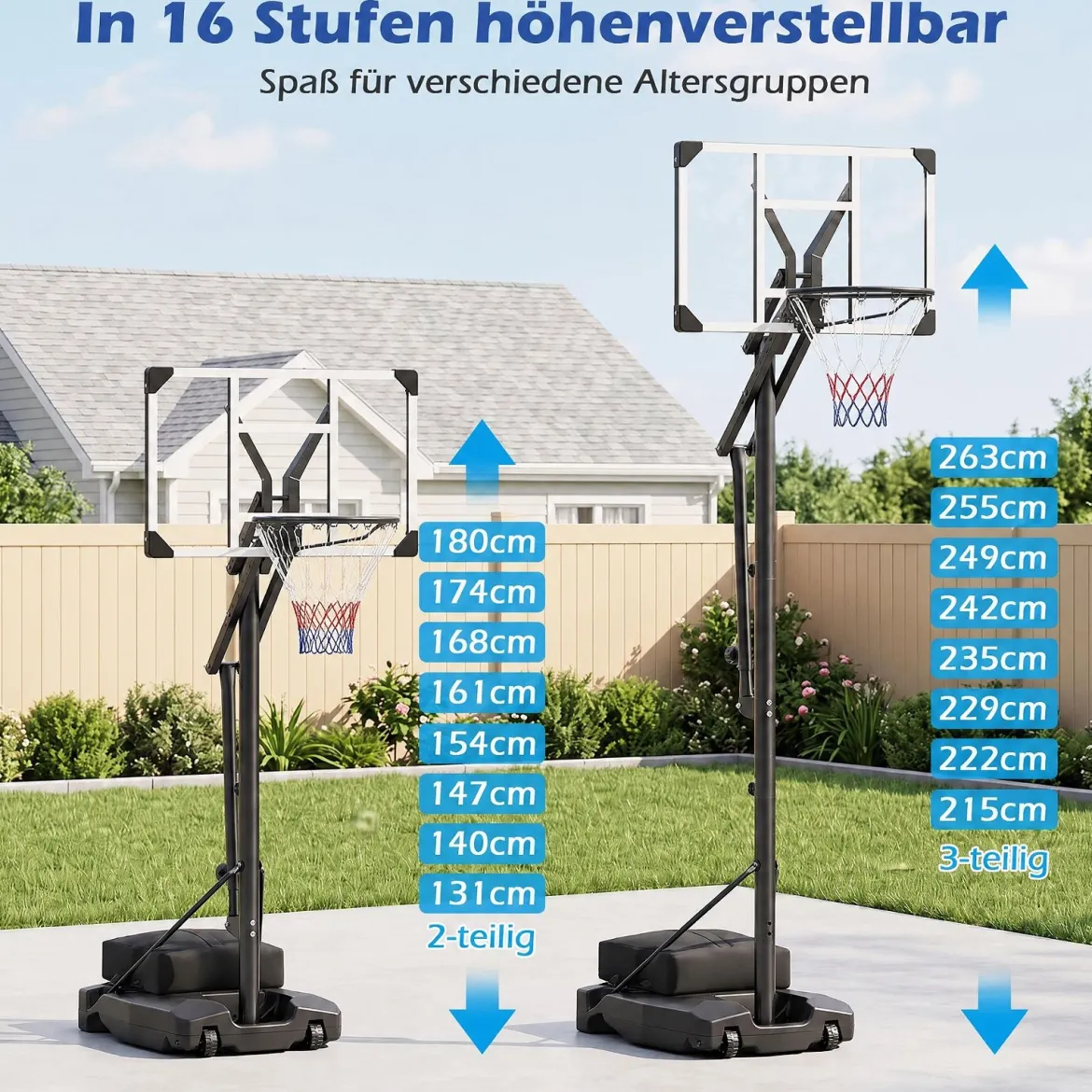 Basketballkorb mit PE-Rückwand Outdoor Basketballanlage 215-260 cm 8-fach Höhenverstellbar