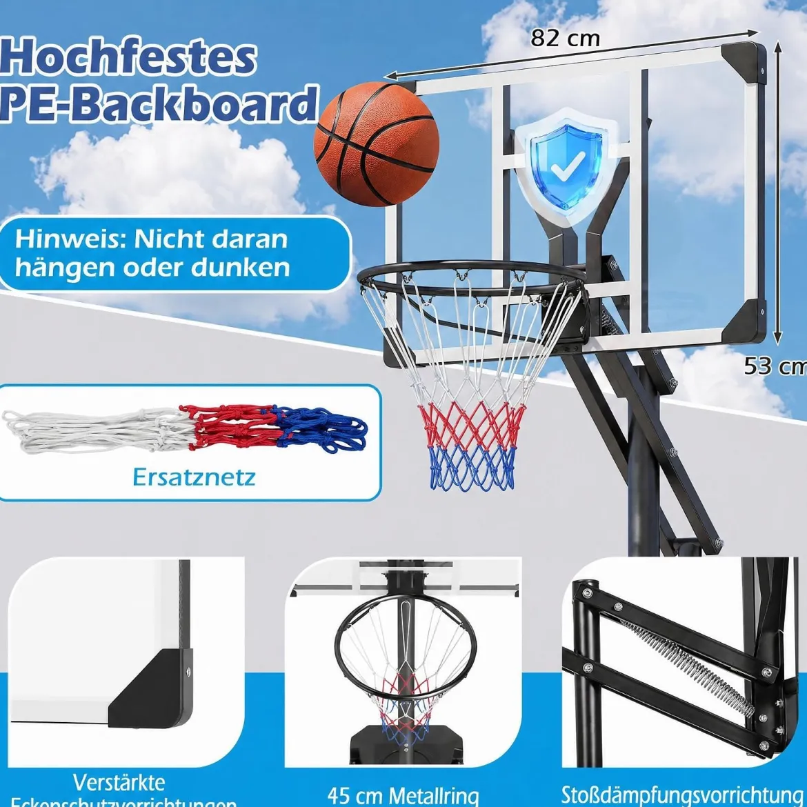 Basketballkorb mit PE-Rückwand Outdoor Basketballanlage 215-260 cm 8-fach Höhenverstellbar