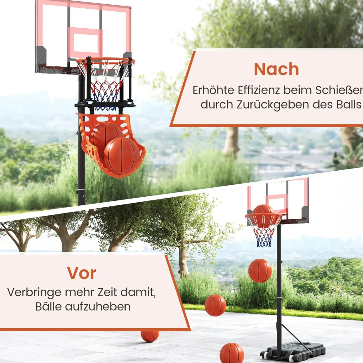 Basketball-Rücklaufaufsatz mit 4 Werkzeuglosen & Abnehmbaren Haken 360° Drehbarer Basketball-Rebounder