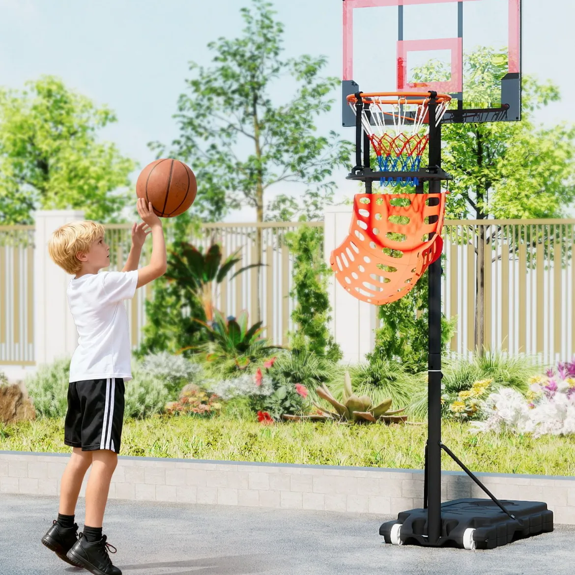Basketball-Rücklaufaufsatz mit 4 Werkzeuglosen & Abnehmbaren Haken 360° Drehbarer Basketball-Rebounder