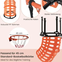 Basketball-Rücklaufaufsatz mit 4 Werkzeuglosen & Abnehmbaren Haken 360° Drehbarer Basketball-Rebounder