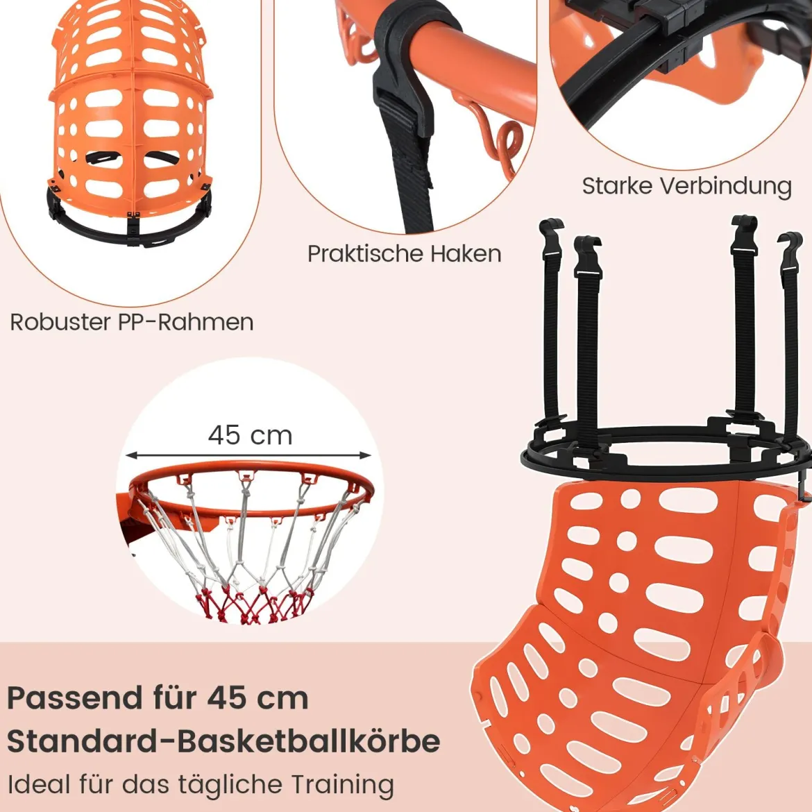 Basketball-Rücklaufaufsatz mit 4 Werkzeuglosen & Abnehmbaren Haken 360° Drehbarer Basketball-Rebounder