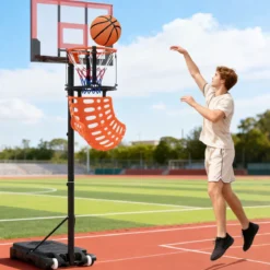 Basketball-Rücklaufaufsatz mit 4 Werkzeuglosen & Abnehmbaren Haken 360° Drehbarer Basketball-Rebounder