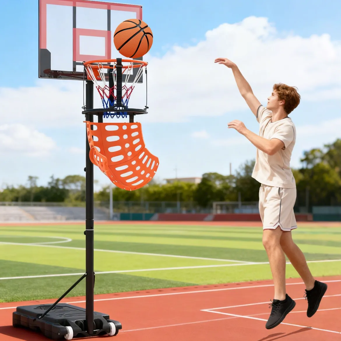 Basketball-Rücklaufaufsatz mit 4 Werkzeuglosen & Abnehmbaren Haken 360° Drehbarer Basketball-Rebounder