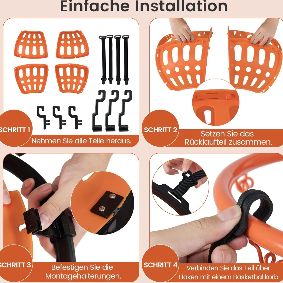 Basketball-Rücklaufaufsatz mit 4 Werkzeuglosen & Abnehmbaren Haken 360° Drehbarer Basketball-Rebounder
