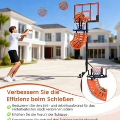 Basketball-Rücklaufaufsatz mit 4 Werkzeuglosen & Abnehmbaren Haken 360° Drehbarer Basketball-Rebounder