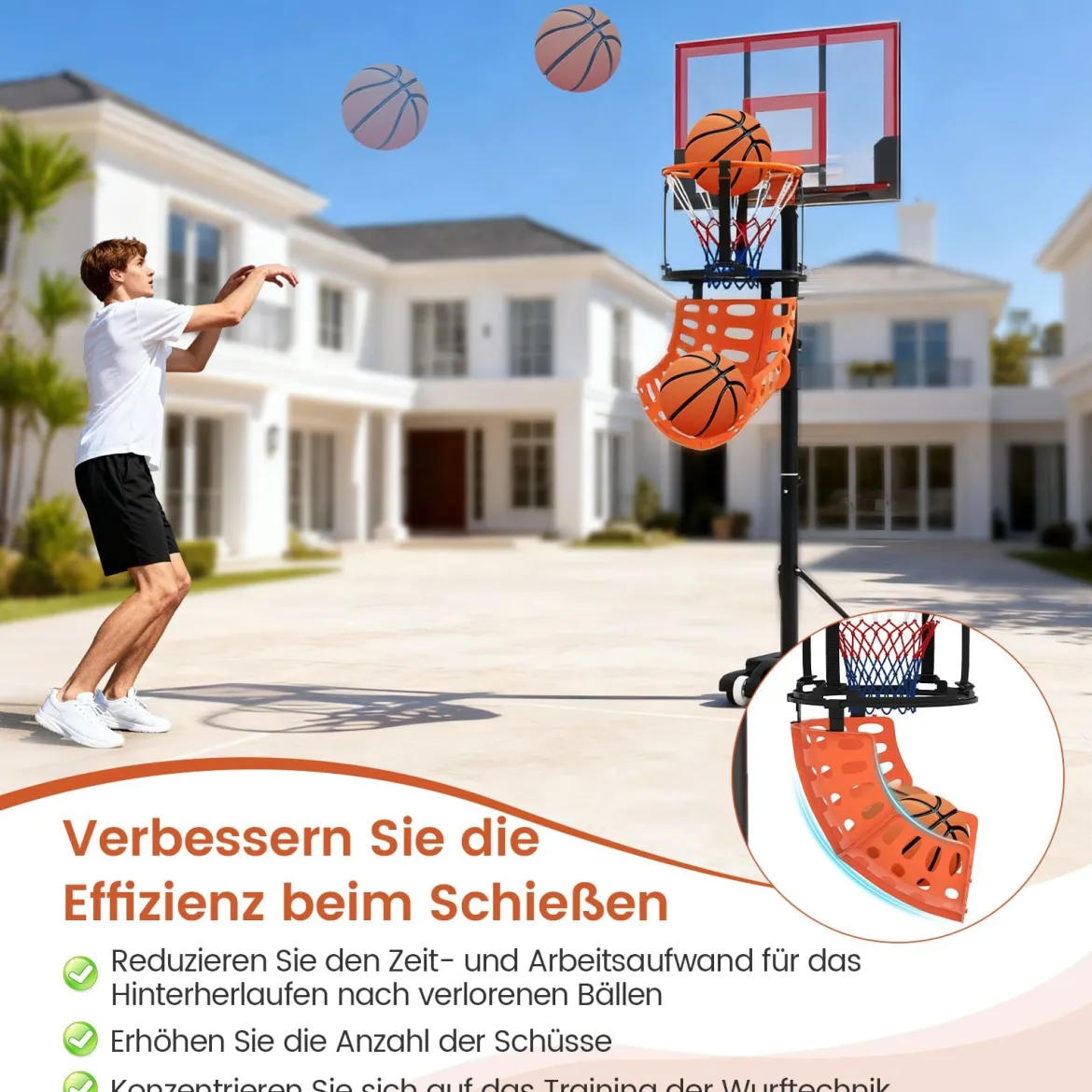 Basketball-Rücklaufaufsatz mit 4 Werkzeuglosen & Abnehmbaren Haken 360° Drehbarer Basketball-Rebounder