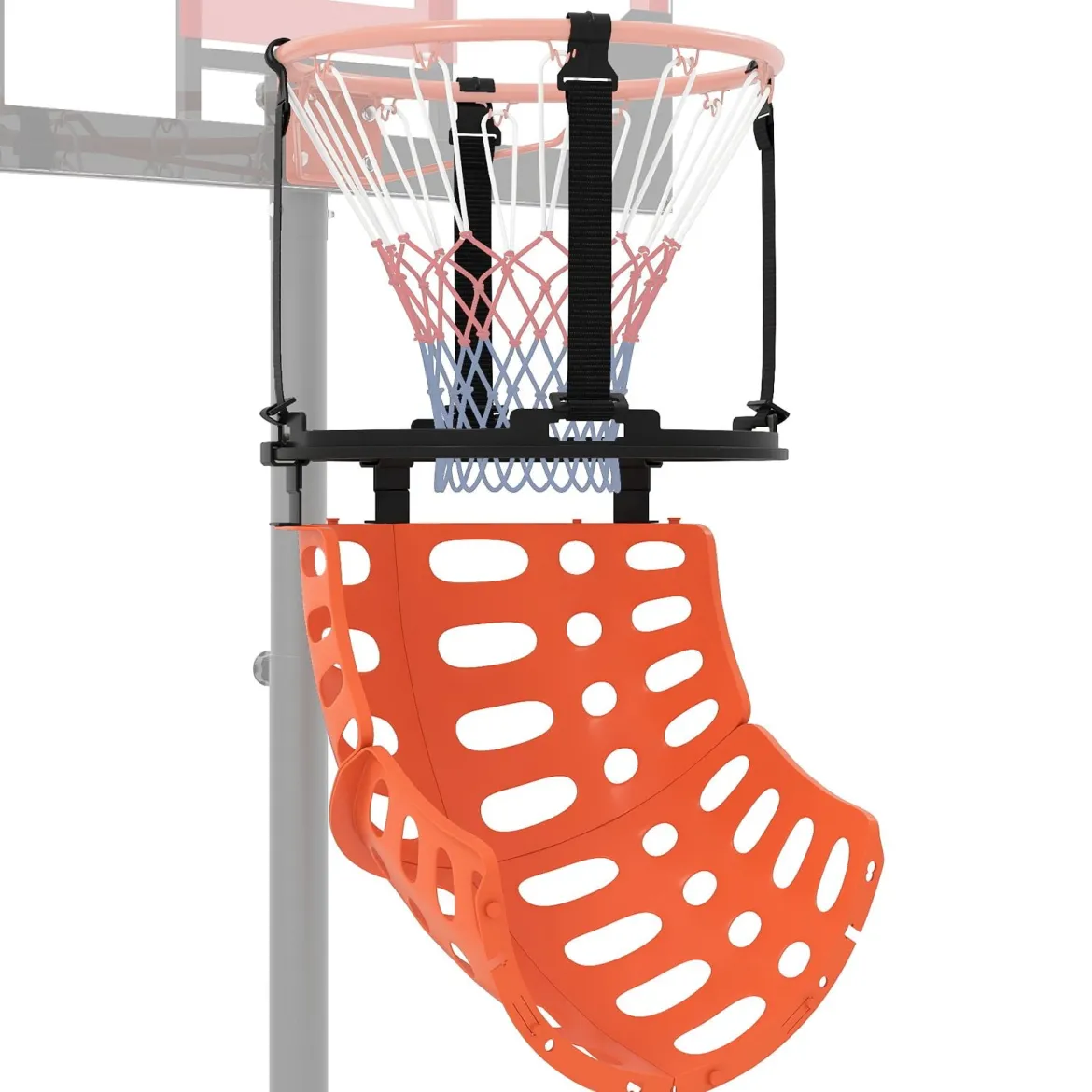 Basketball-Rücklaufaufsatz mit 4 Werkzeuglosen & Abnehmbaren Haken 360° Drehbarer Basketball-Rebounder
