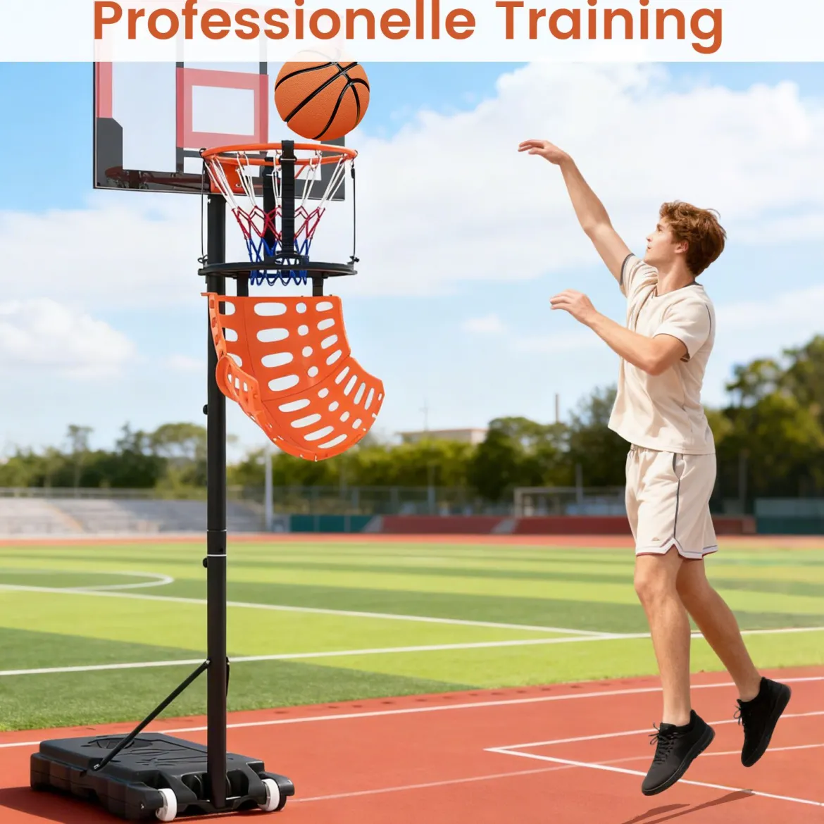 Basketball-Rücklaufaufsatz mit 4 Werkzeuglosen & Abnehmbaren Haken 360° Drehbarer Basketball-Rebounder