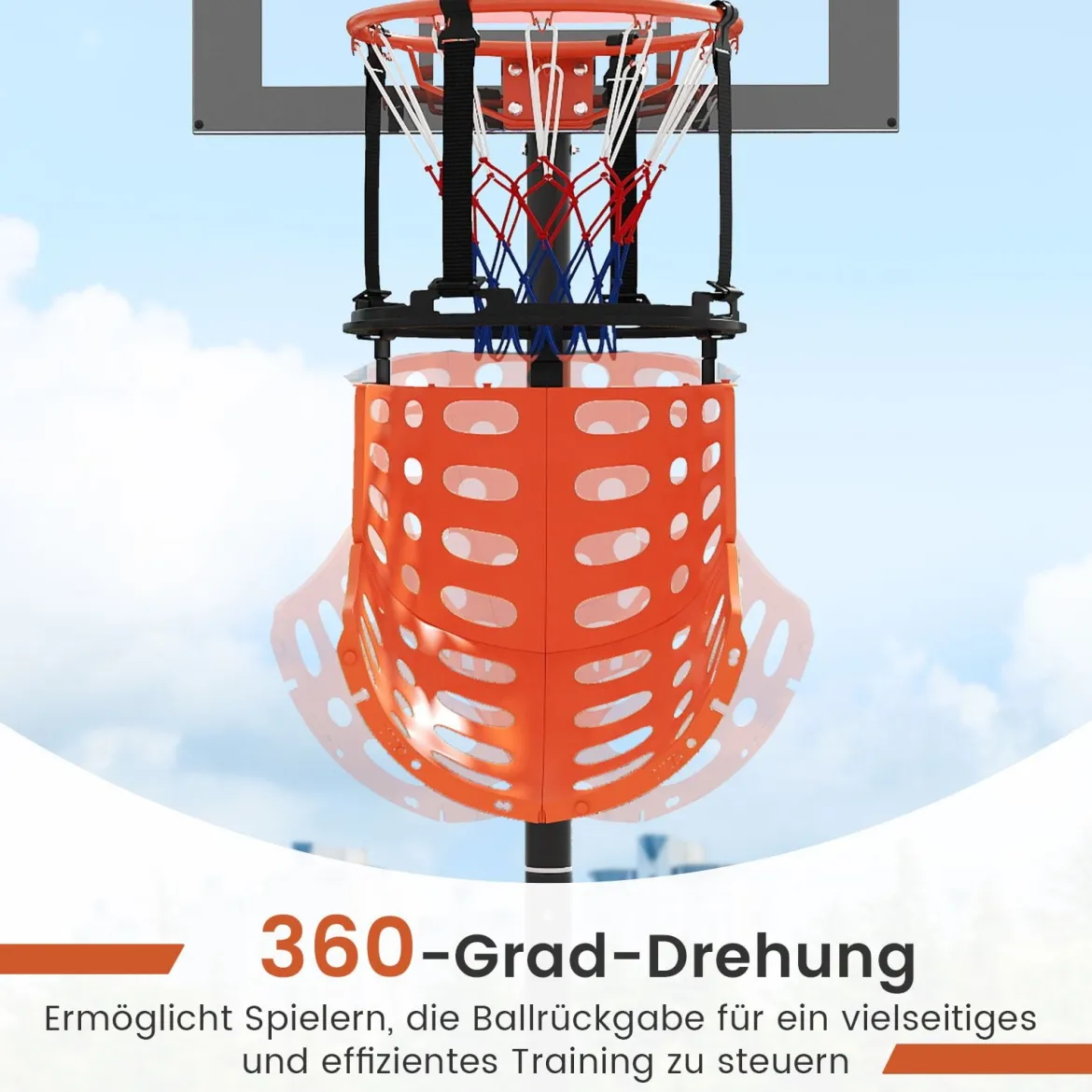 Basketball-Rücklaufaufsatz mit 4 Werkzeuglosen & Abnehmbaren Haken 360° Drehbarer Basketball-Rebounder