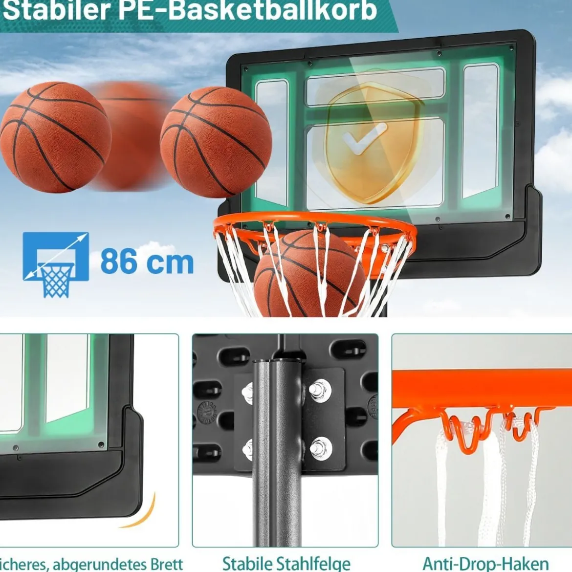 Basketballständer 90/158-210 cm höhenverstellbar Basketballkorb mit Ständer wetterbeständig Indoor Outdoor