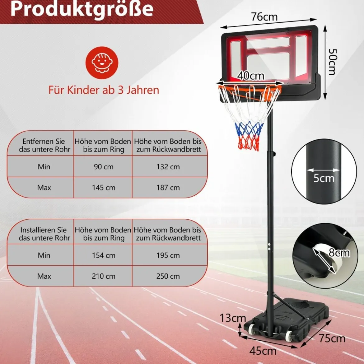 Basketballständer 90/158-210 cm höhenverstellbar Basketballkorb mit Ständer wetterbeständig Indoor Outdoor