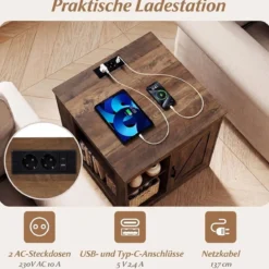 Bauernhaus Nachtisch mit Ladestation Nachtschrank mit verstellbarem Regal Schrank Braun