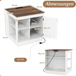 Bauernhaus Nachtisch mit Ladestation Nachtschrank mit verstellbarem Regal Schrank & Scheunentür Weiß
