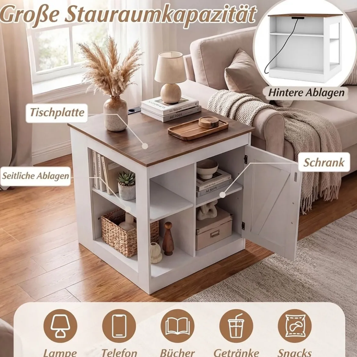 Bauernhaus Nachtisch mit Ladestation Nachtschrank mit verstellbarem Regal Schrank & Scheunentür Weiß