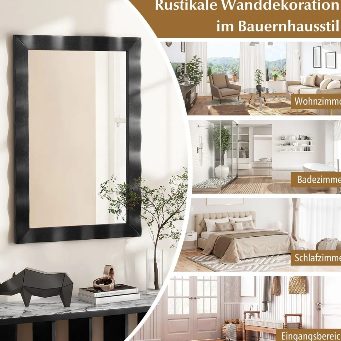 Bauernhaus Wandspiegel mit Holzrahmen aus Gummibaumholz Rustikaler Badspiegel