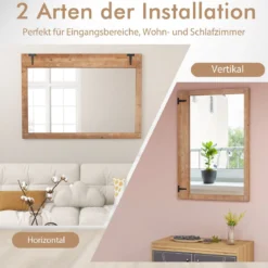 Bauernhaus Wandspiegel Rustikaler Hängespiegel mit Holzrahmen Rechteckiger Dekospiegel Natur