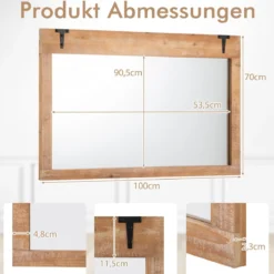 Bauernhaus Wandspiegel Rustikaler Hängespiegel mit Holzrahmen Rechteckiger Dekospiegel Natur