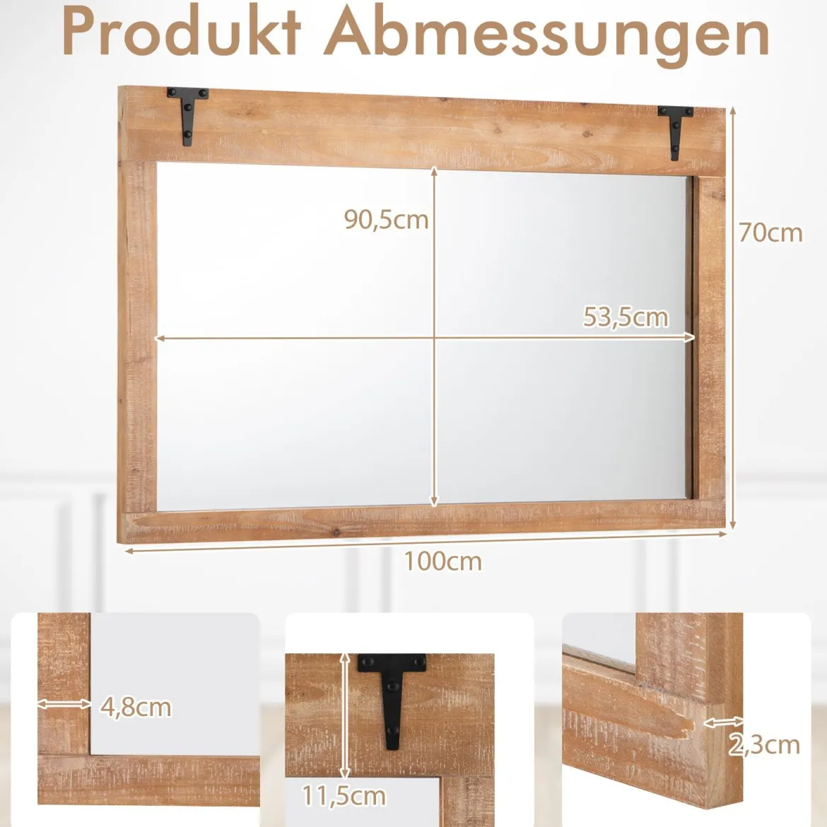 Bauernhaus Wandspiegel Rustikaler Hängespiegel mit Holzrahmen Rechteckiger Dekospiegel Natur