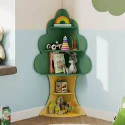 Baum-Design Kinder Bücherregal aus Holz 5 Ebenen Kinderregal Spielzeugregal Grün
