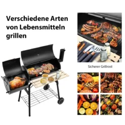 BBQ-Holzkohlegrill mit Rädern Grillwagen mit Deckel Outdoor-Grill 115 x 65 x 108 cm Schwarz