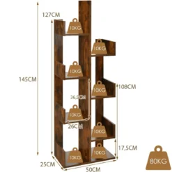Bücherregal im Baumform mit 8 Fächern Standregal Aufbewahrungsregal 50 x 25 x 145 cm