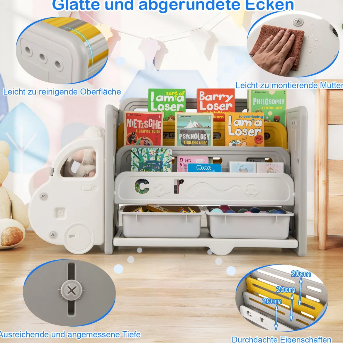 Bücherregal Kinder im Automotiv Kinderregal mit 4 Ebenen & 2 Aufbewahrungsboxen Spielzeugschrank Spielzeug-Organizer 108 x 35 x 63,5 cm