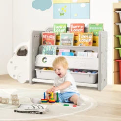 Bücherregal Kinder im Automotiv Kinderregal mit 4 Ebenen & 2 Aufbewahrungsboxen Spielzeugschrank Spielzeug-Organizer 108 x 35 x 63,5 cm