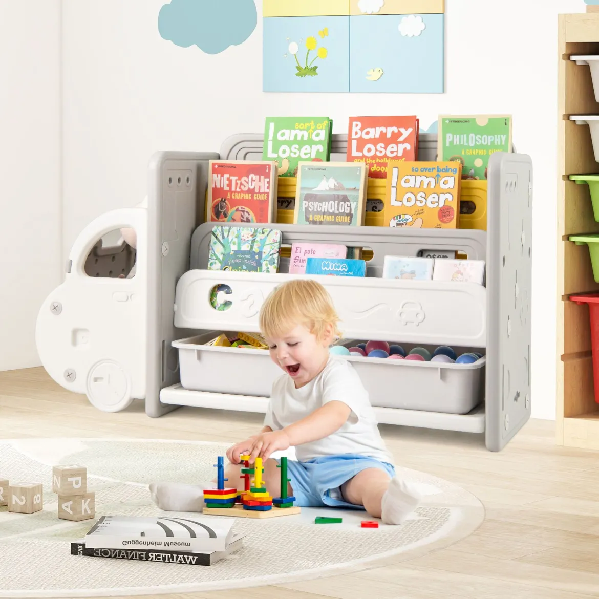 Bücherregal Kinder im Automotiv Kinderregal mit 4 Ebenen & 2 Aufbewahrungsboxen Spielzeugschrank Spielzeug-Organizer 108 x 35 x 63,5 cm