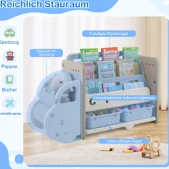 Bücherregal Kinder im Automotiv Kinderregal mit 4 Ebenen & 2 Aufbewahrungsboxen Spielzeugschrank Spielzeug-Organizer 108 x 35 x 63,5 cm