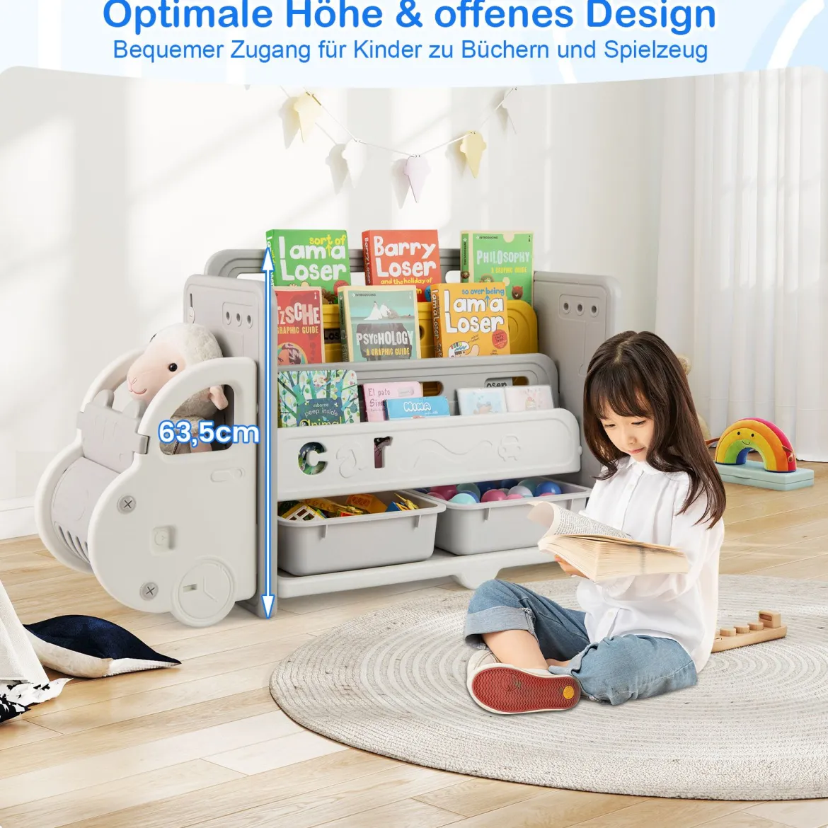 Bücherregal Kinder im Automotiv Kinderregal mit 4 Ebenen & 2 Aufbewahrungsboxen Spielzeugschrank Spielzeug-Organizer 108 x 35 x 63,5 cm
