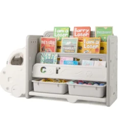 Bücherregal Kinder im Automotiv Kinderregal mit 4 Ebenen & 2 Aufbewahrungsboxen Spielzeugschrank Spielzeug-Organizer 108 x 35 x 63,5 cm