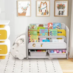 Bücherregal Kinder im Automotiv Kinderregal mit 4 Ebenen & 2 Aufbewahrungsboxen Spielzeugschrank Spielzeug-Organizer 108 x 35 x 63,5 cm