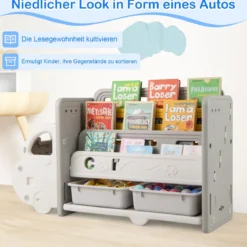 Bücherregal Kinder im Automotiv Kinderregal mit 4 Ebenen & 2 Aufbewahrungsboxen Spielzeugschrank Spielzeug-Organizer 108 x 35 x 63,5 cm