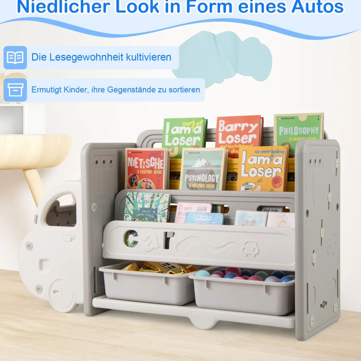 Bücherregal Kinder im Automotiv Kinderregal mit 4 Ebenen & 2 Aufbewahrungsboxen Spielzeugschrank Spielzeug-Organizer 108 x 35 x 63,5 cm