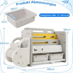 Bücherregal Kinder im Automotiv Kinderregal mit 4 Ebenen & 2 Aufbewahrungsboxen Spielzeugschrank Spielzeug-Organizer 108 x 35 x 63,5 cm