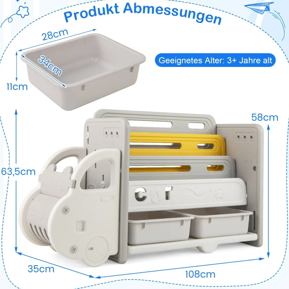 Bücherregal Kinder im Automotiv Kinderregal mit 4 Ebenen & 2 Aufbewahrungsboxen Spielzeugschrank Spielzeug-Organizer 108 x 35 x 63,5 cm