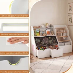 Bücherregal Kinder 2 in 1 Kinderregal mit 5 Kleiderstangen & Tafel 104 x 40 x 70 cm Weiß