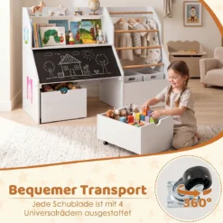 Bücherregal Kinder 2 in 1 Kinderregal mit 5 Kleiderstangen & Tafel 104 x 40 x 70 cm Weiß