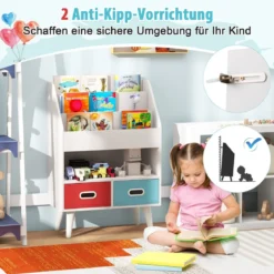 Bücherregal Kinder Kinderregal mit 3 Ablagen & offenem Fach & 2 Stoffschubladen Grau/Weiß