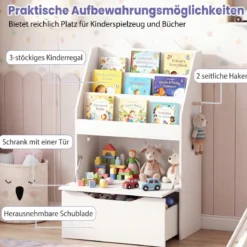 Bücherregal Kinderregal mit 2 Haken 3 Regalen & Schrank Spielzeugregal mit Abnehmbarer Schublade Weiß