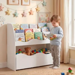 Bücherregal Kinder Spielzeugregal mit 3 Wellenförmigen Ebenen & Abnehmbaren Schubladen Weiß